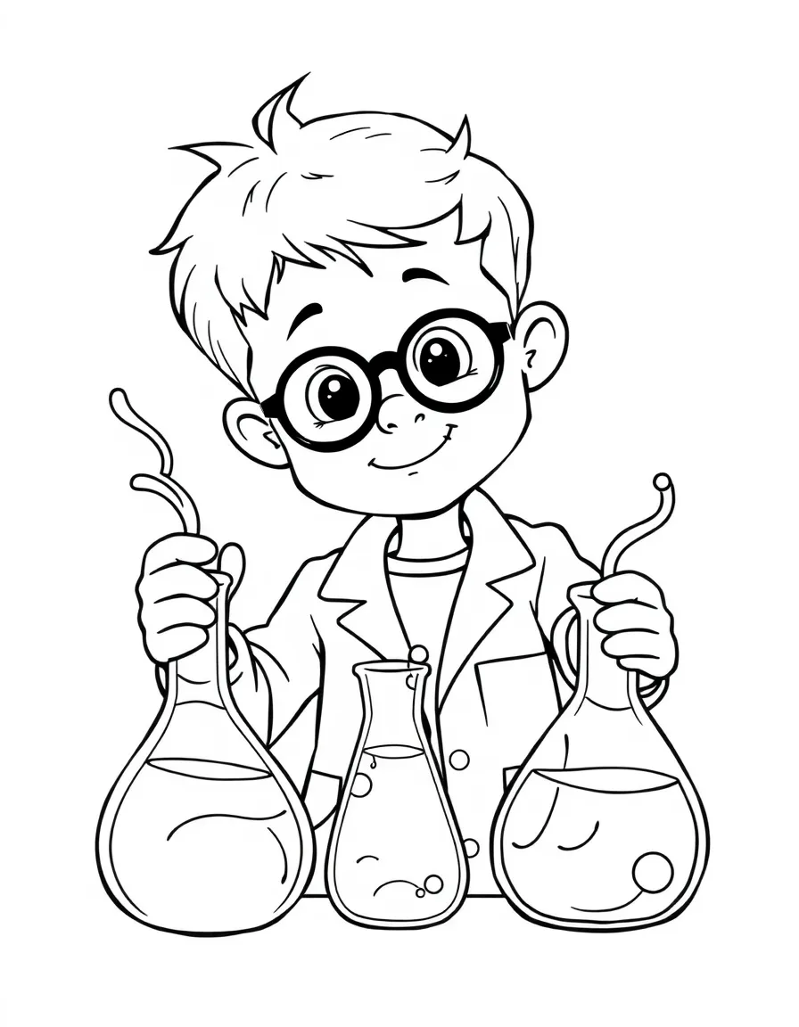 A boy pretending to be a scientist, mixing colorful liquids in beakers.