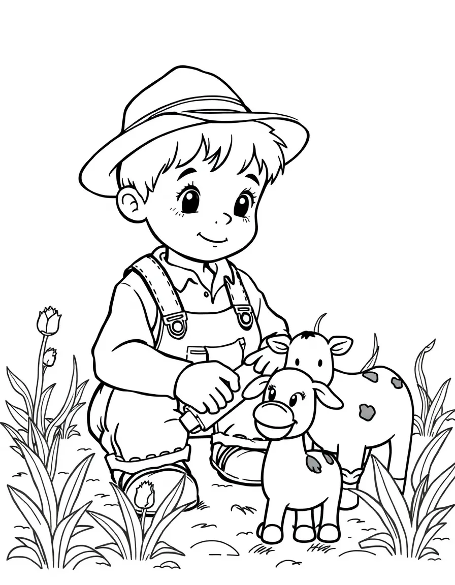 A boy pretending to be a farmer, tending to toy animals.