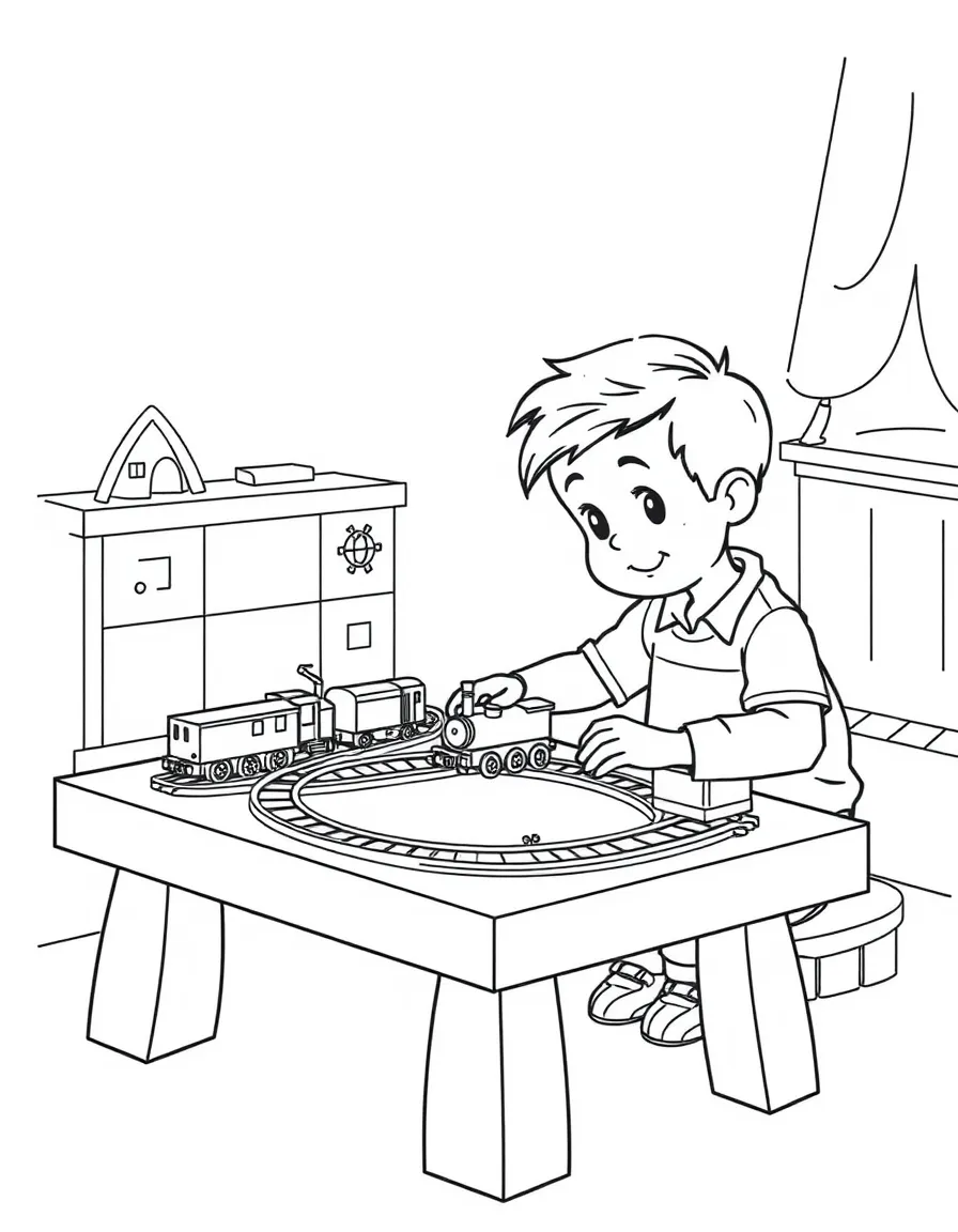 A boy playing with a toy train table, moving trains around tracks.