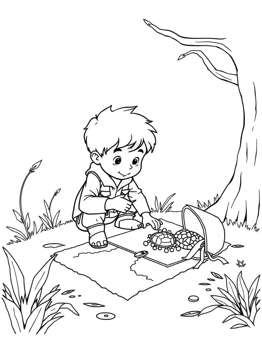 A boy making a "treasure map" and hiding a toy treasure.