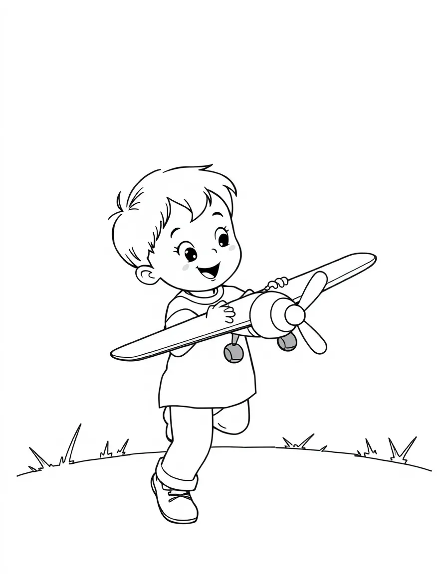 A boy playing with a toy airplane, making it fly through the air.