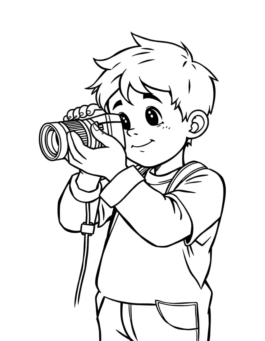 A boy pretending to be a photographer, taking pictures with a toy camera.