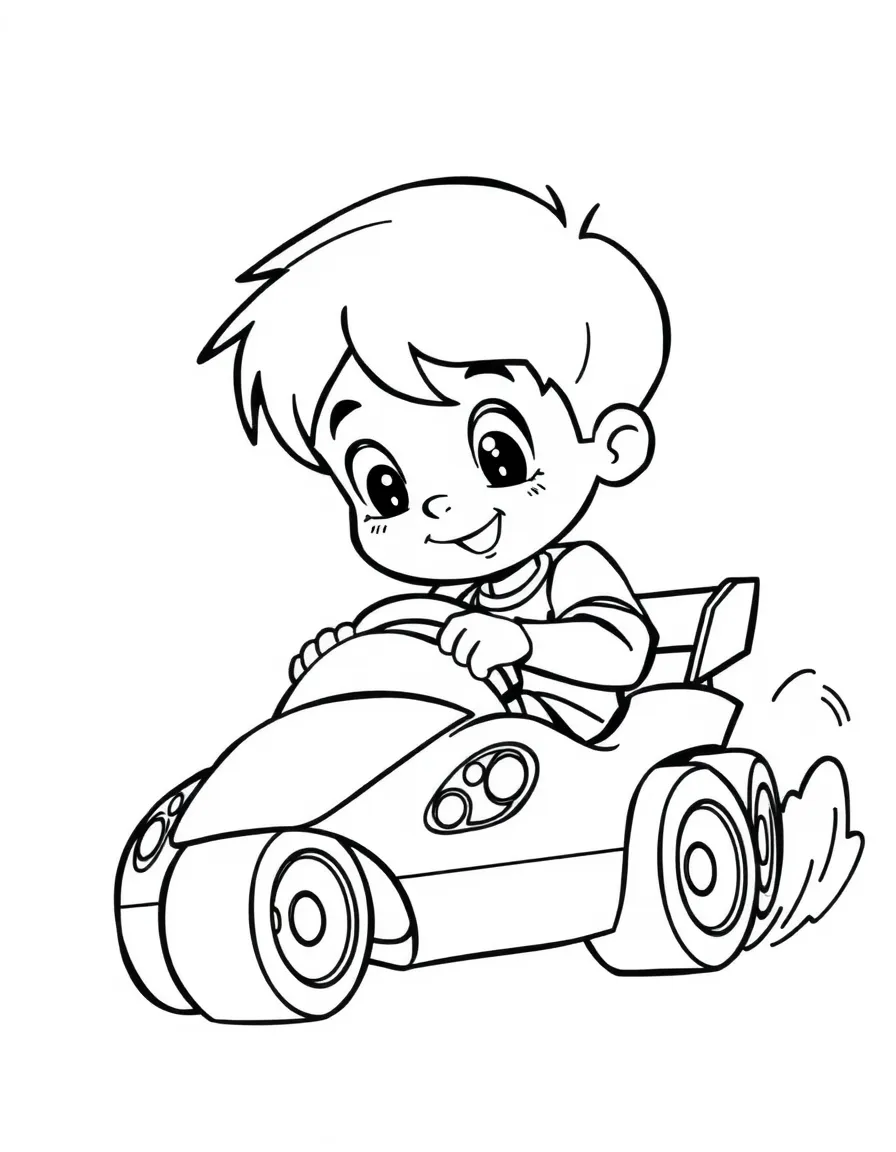 A boy playing with a toy race car, zooming it around.