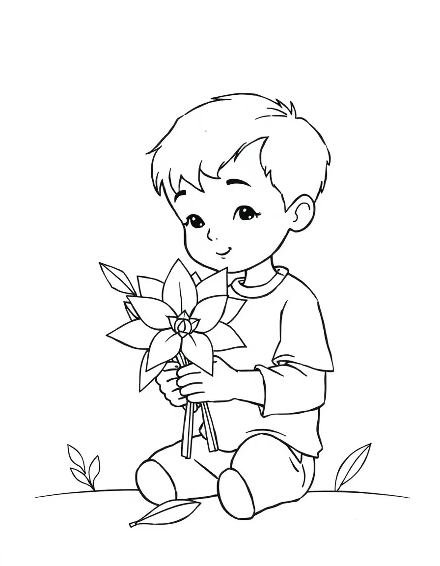 A boy making a paper flower bouquet.