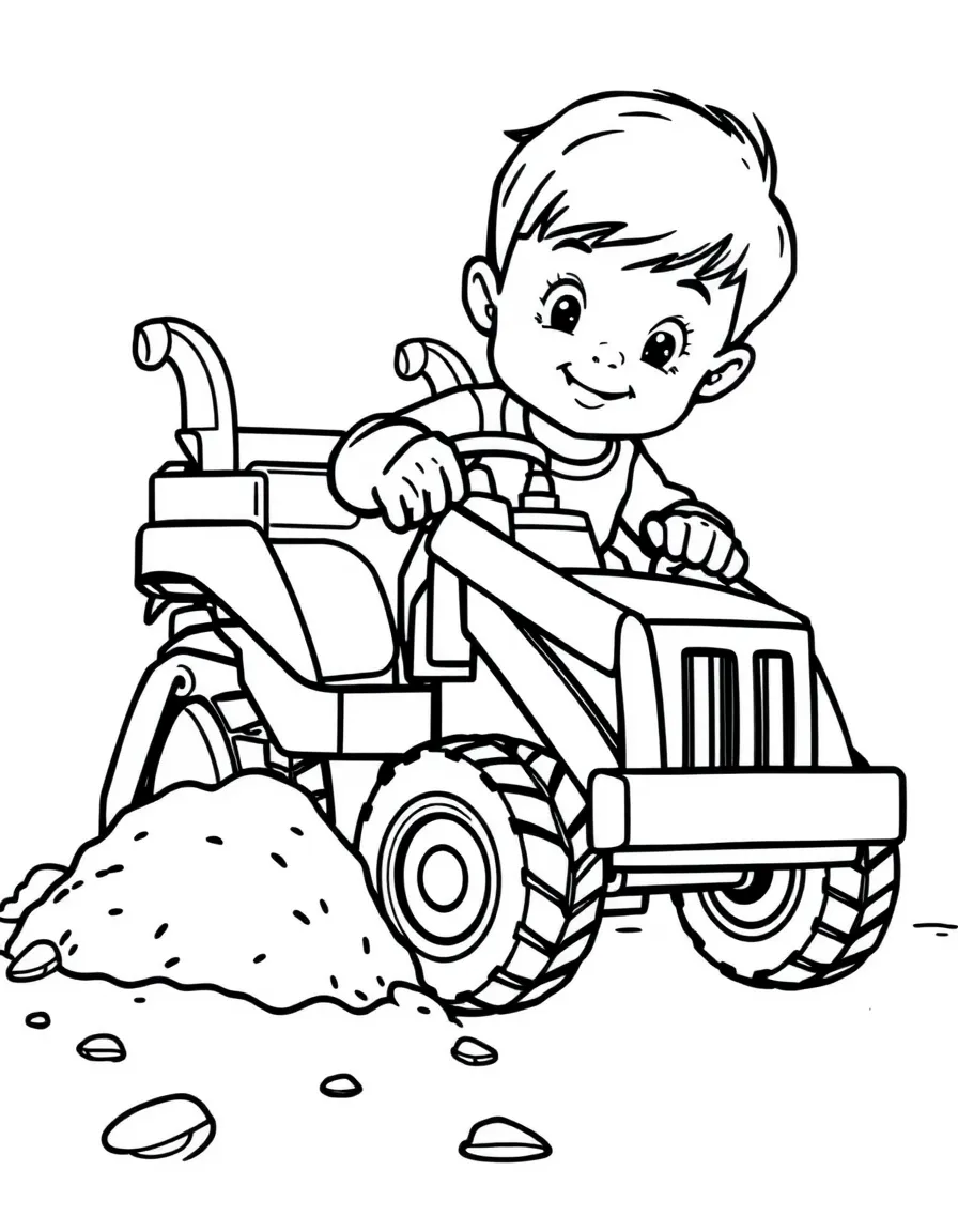 A boy playing with a toy bulldozer, pushing dirt.