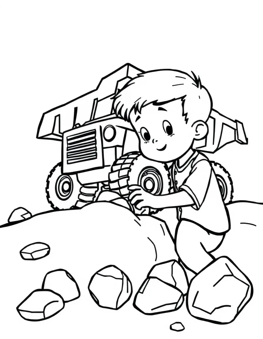 A boy playing with a toy dump truck, hauling rocks.