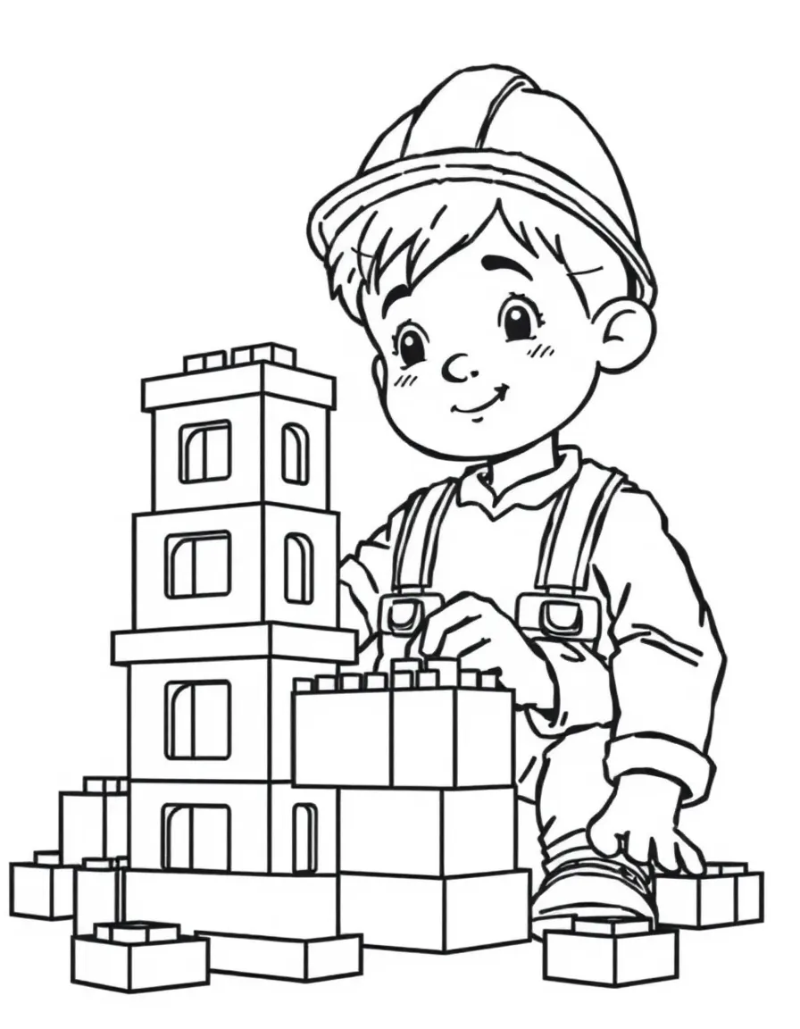 A boy pretending to be an architect, designing a building with blocks.