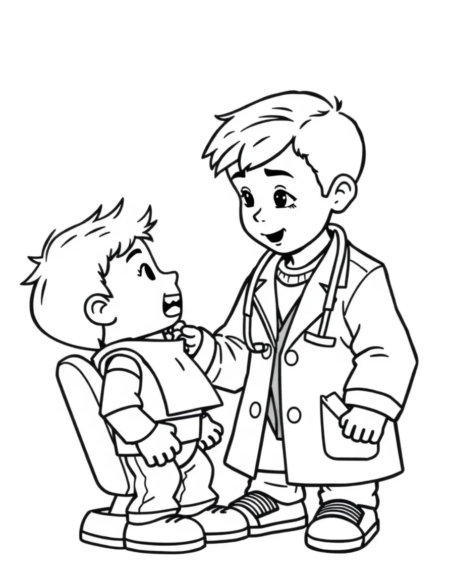 A boy pretending to be a dentist, looking at his action figure's teeth.