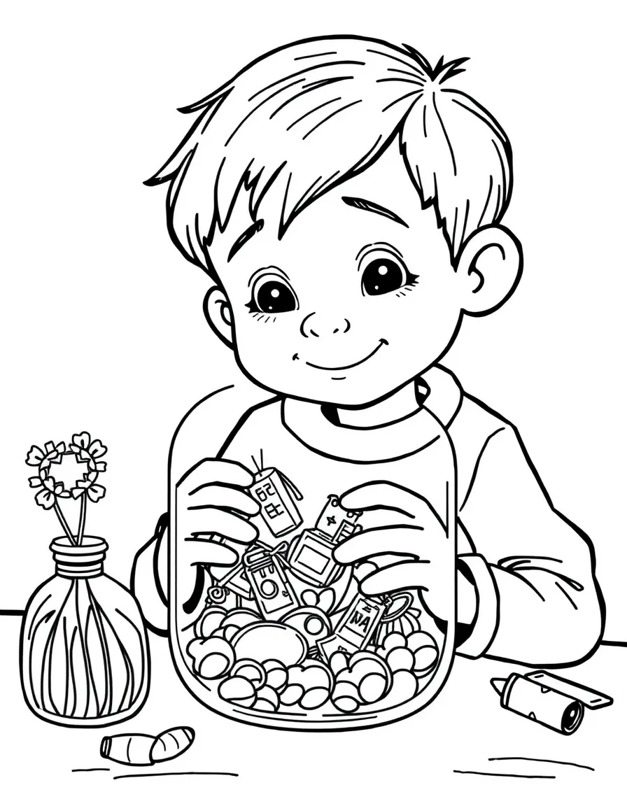 A boy making a "memory jar" with small mementos.