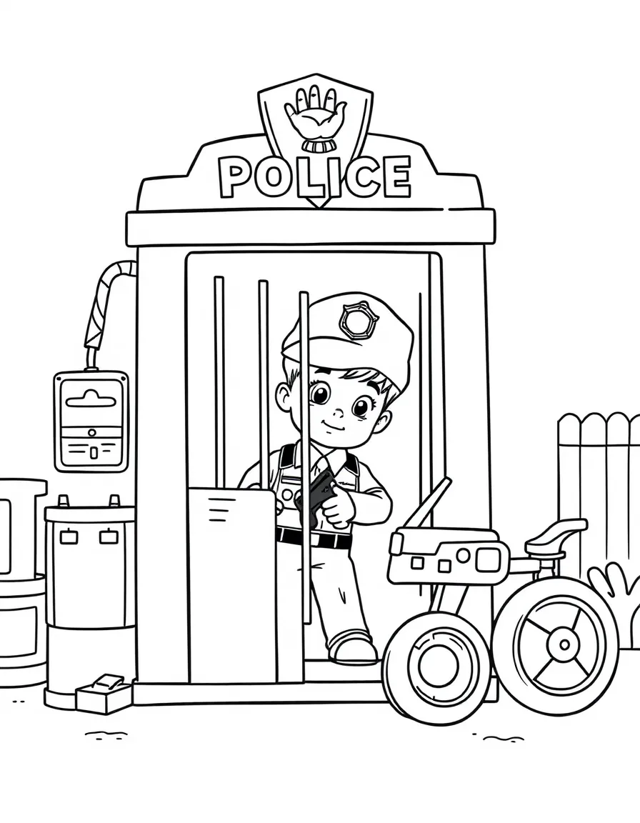 A boy playing with a toy police station, locking up imaginary bad guys.