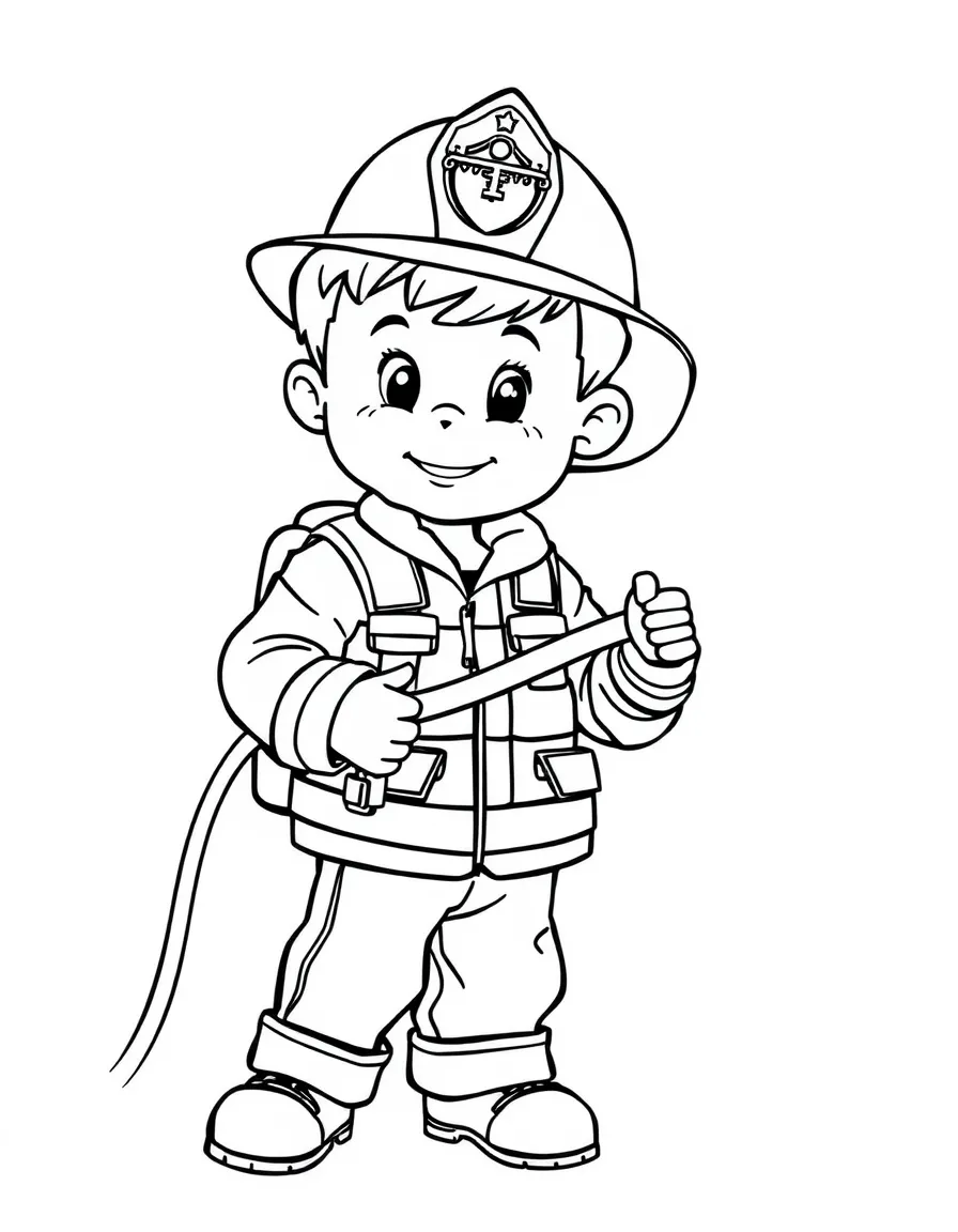 A boy pretending to be a firefighter, holding a toy hose.