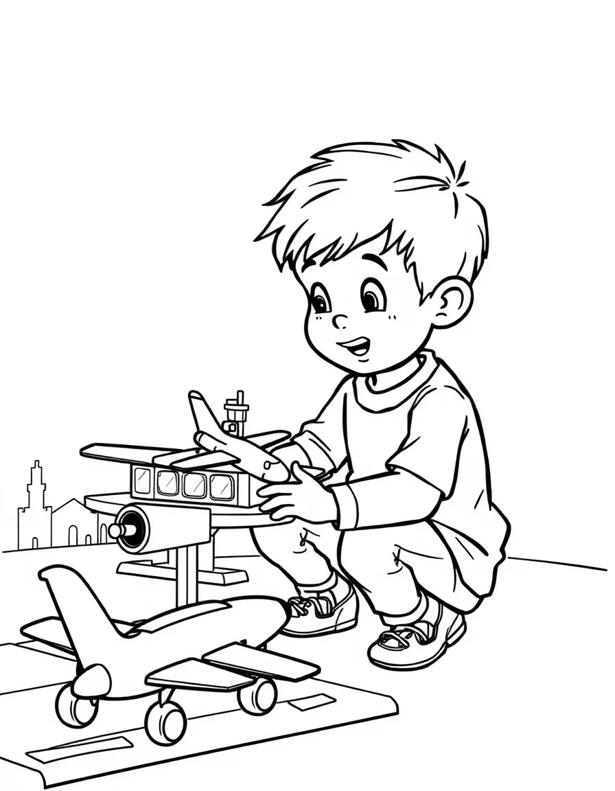 A boy playing with a toy airport, landing toy planes.