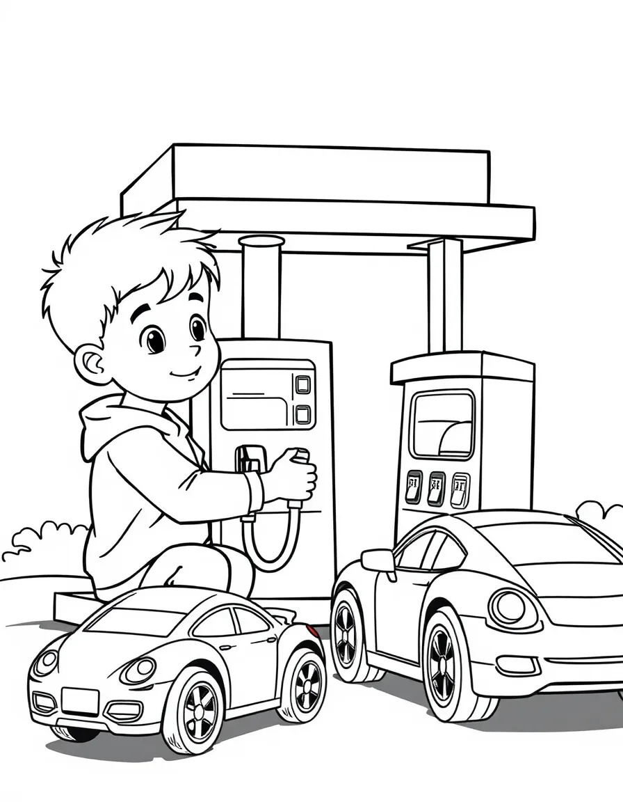 A boy playing with a toy gas station, filling up toy cars.