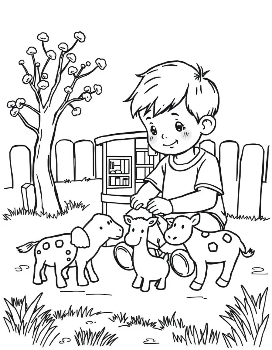 A boy playing with a toy farm, feeding toy animals.