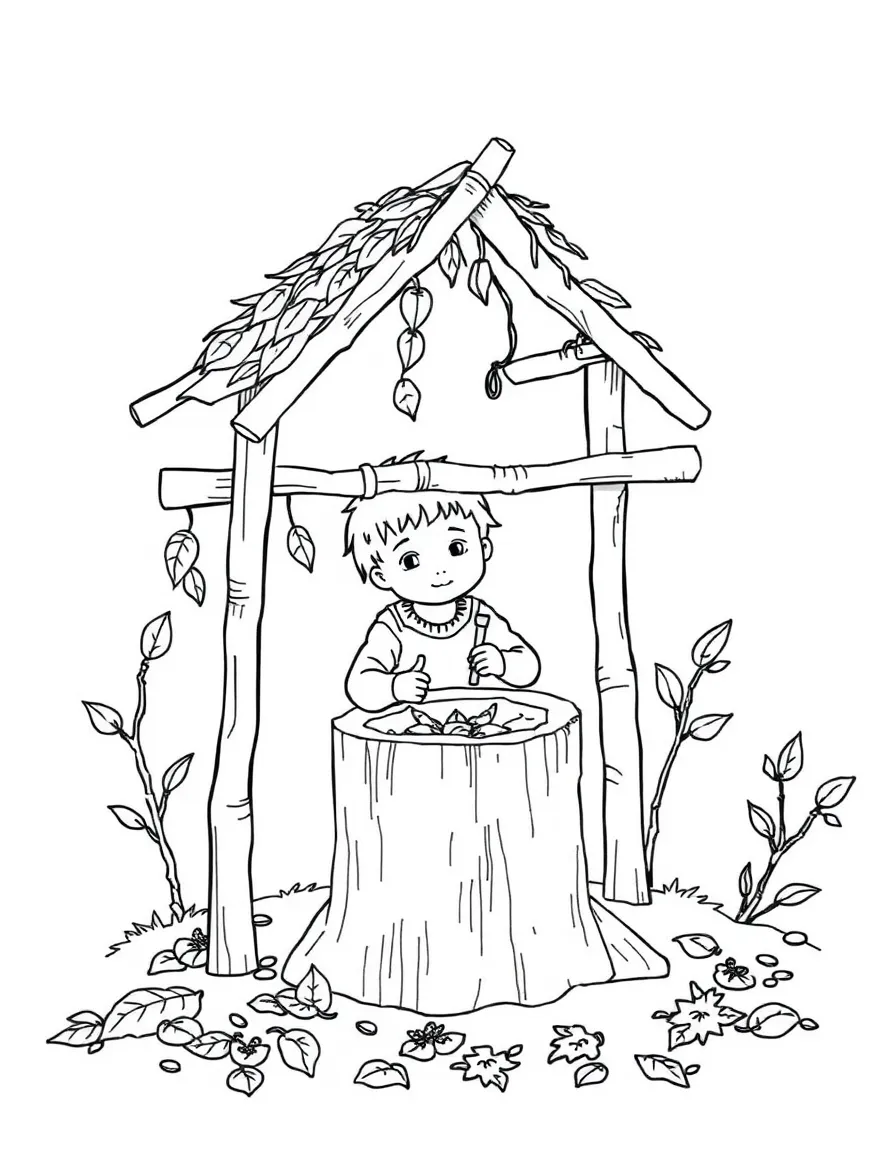 A boy making a "wishing well" out of sticks and leaves.