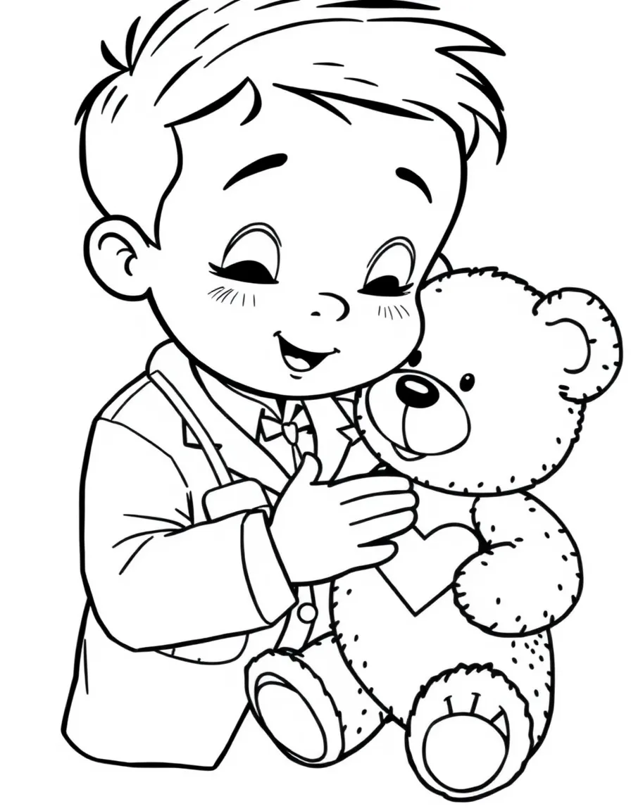 A boy pretending to be a doctor, listening to his teddy bear's chest.