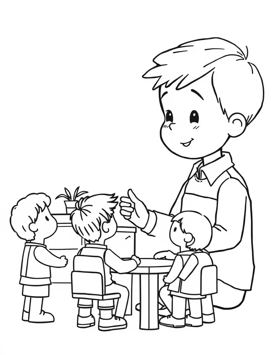 A boy playing with a toy school, teaching toy students.