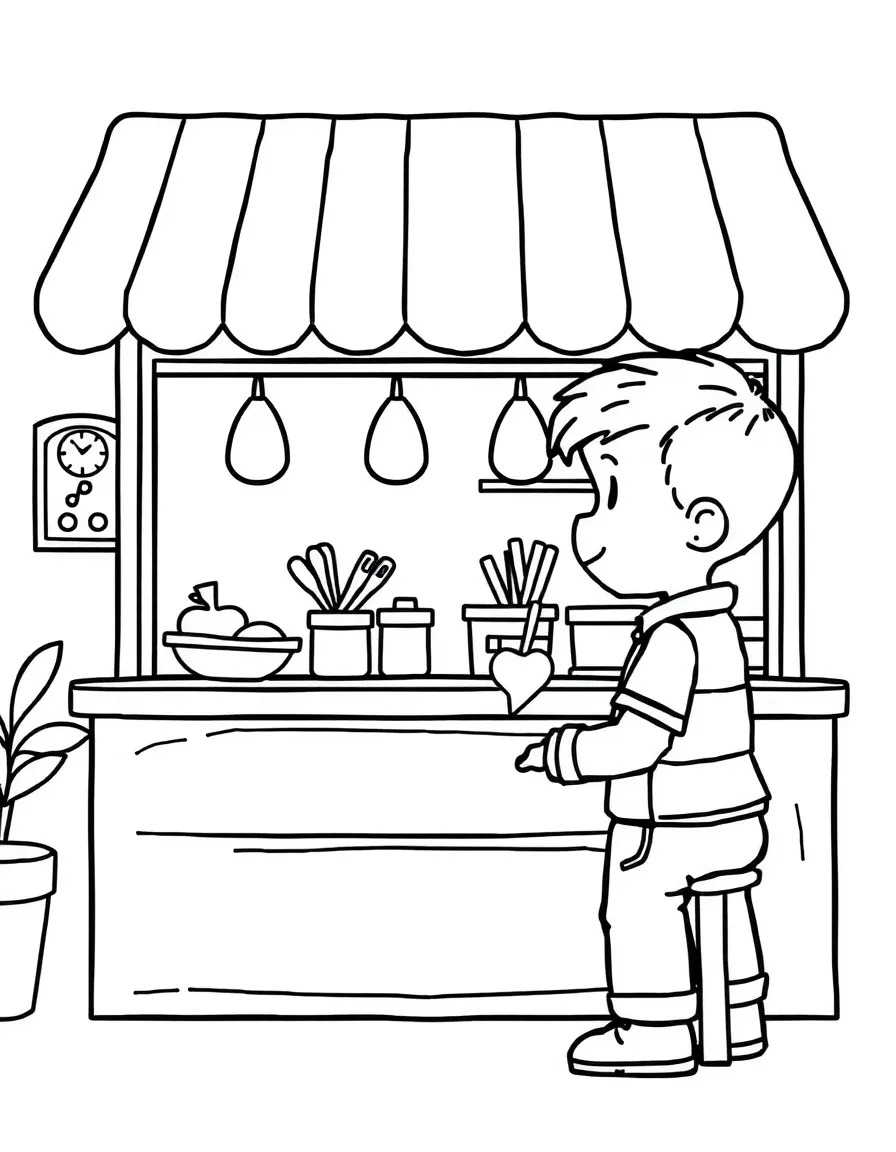 A boy playing with a toy restaurant, serving pretend food.