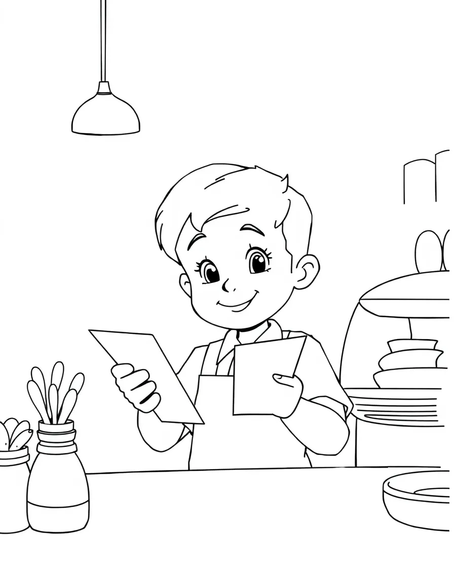 A boy pretending to be a server, taking toy orders.