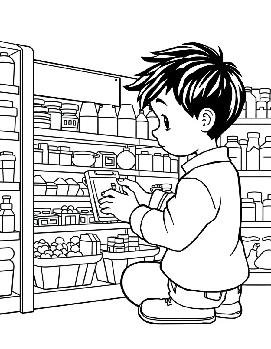 A boy playing with a toy grocery store, organizing shelves.