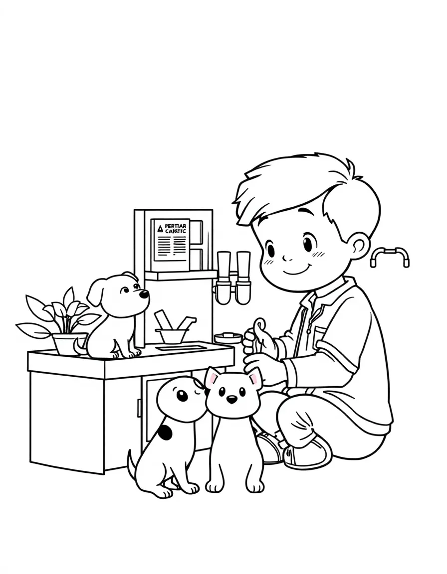 A boy playing with a toy veterinarian clinic, caring for toy pets.