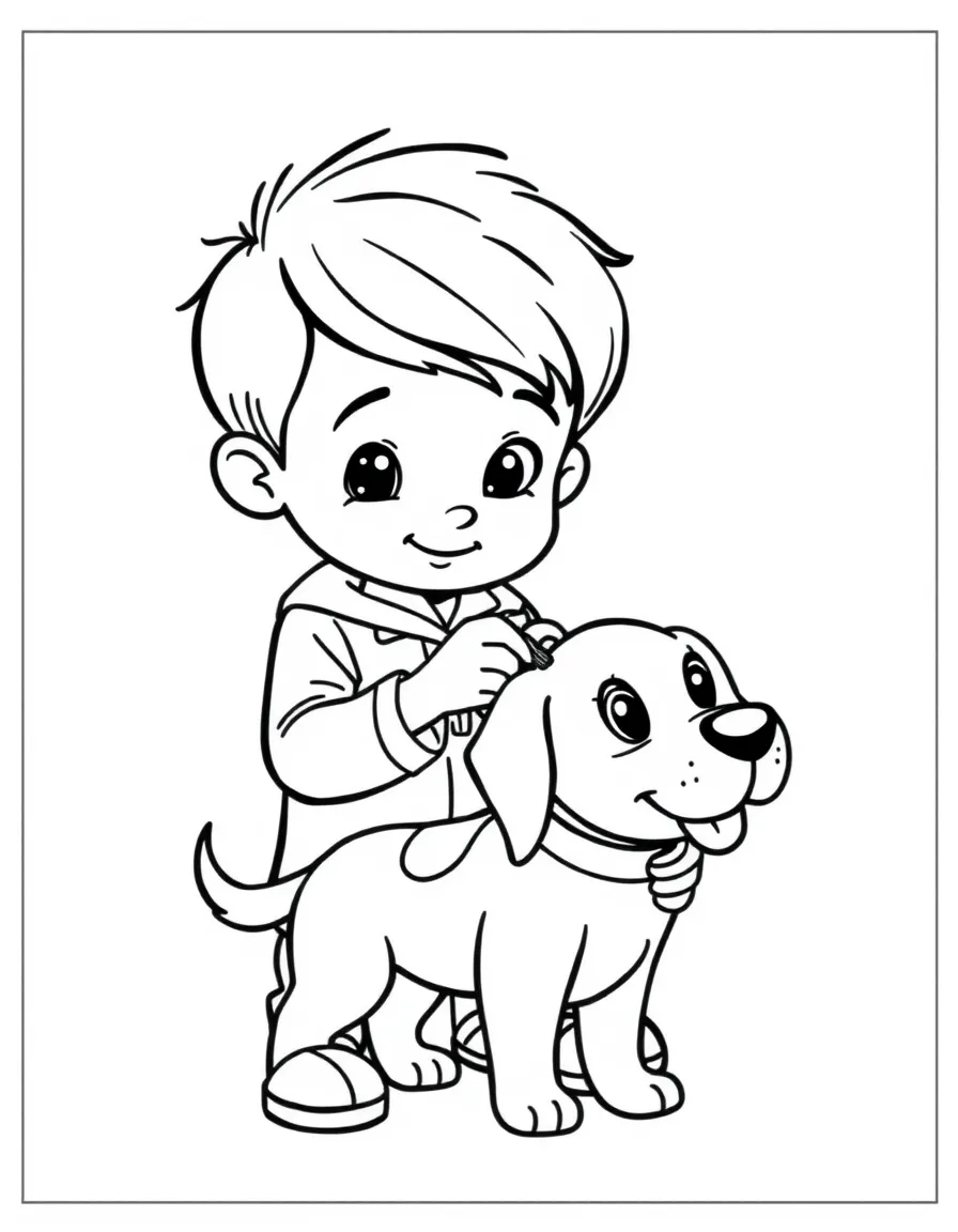A boy pretending to be a pet groomer, brushing a toy dog.