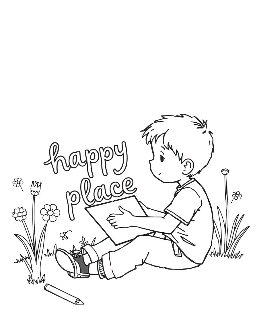 A boy making a "happy place" drawing or collage.