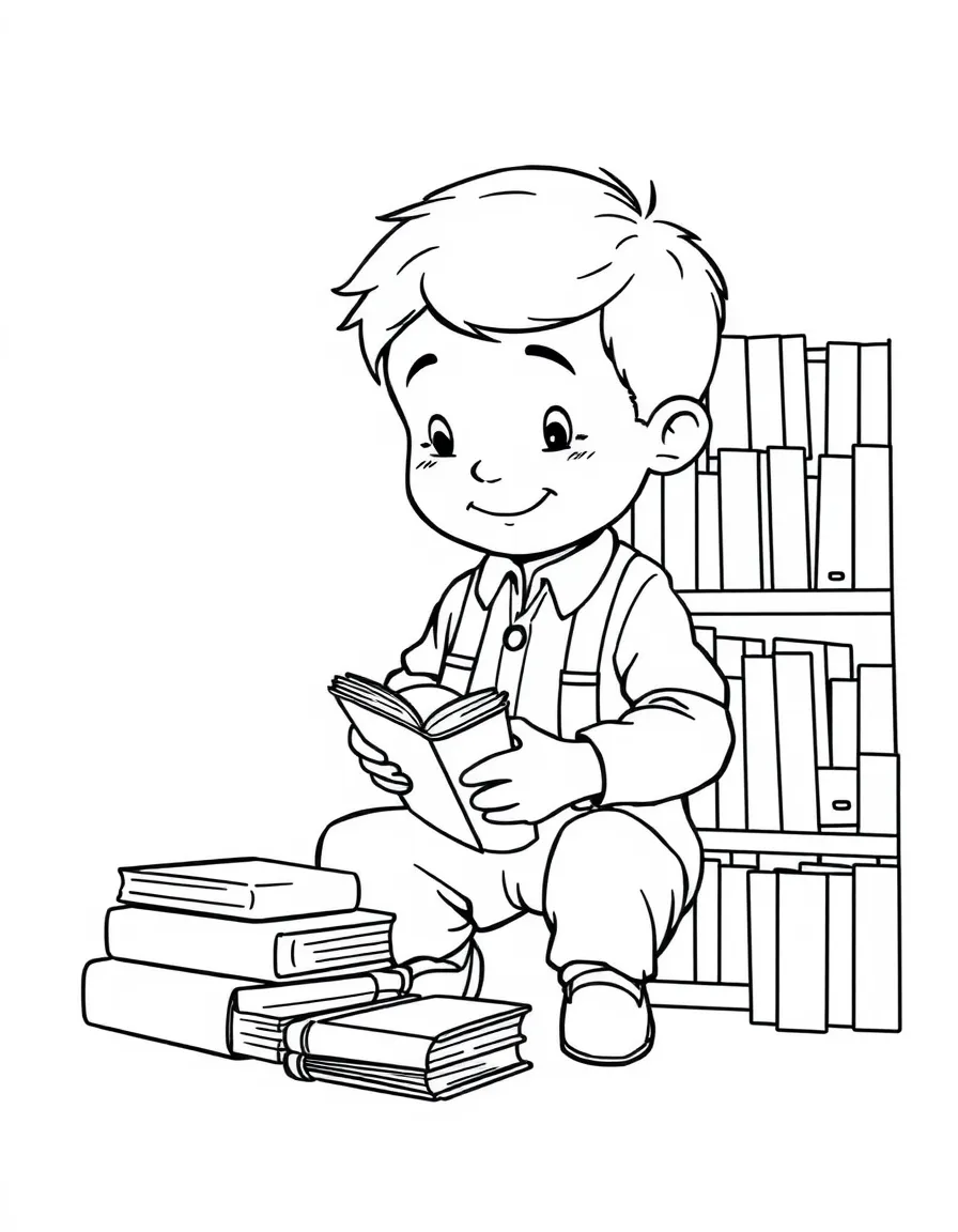 A boy pretending to be a librarian, organizing toy books.
