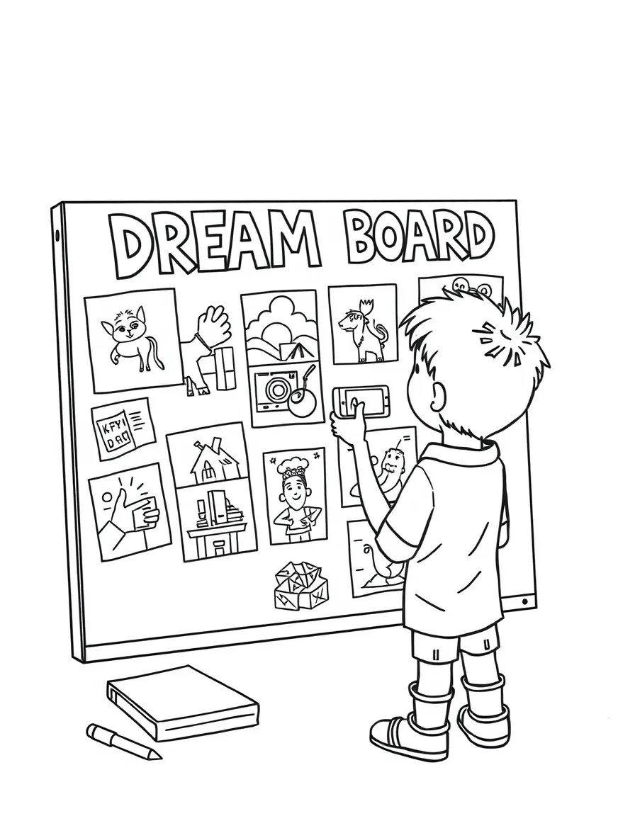 A boy making a "dream board" with pictures of his goals.