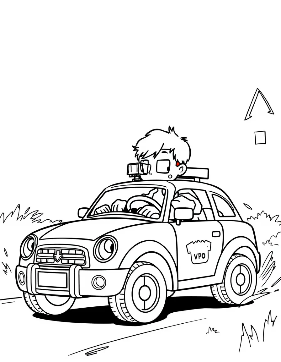 A boy playing with a toy police car, chasing imaginary villains.