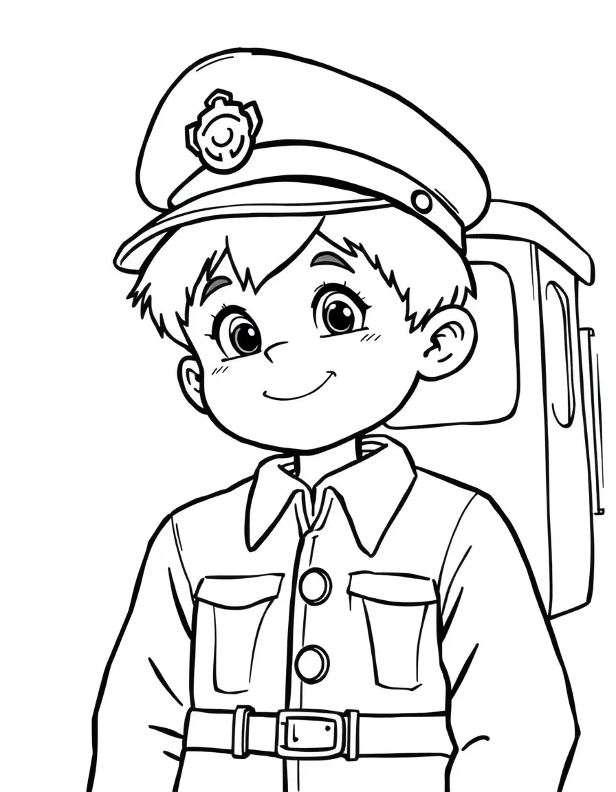 A boy pretending to be a train conductor, wearing a toy hat.