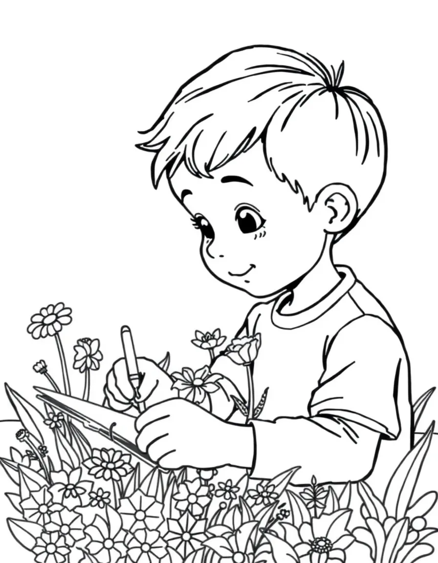 A boy making a "flower garden" drawing with lots of details.