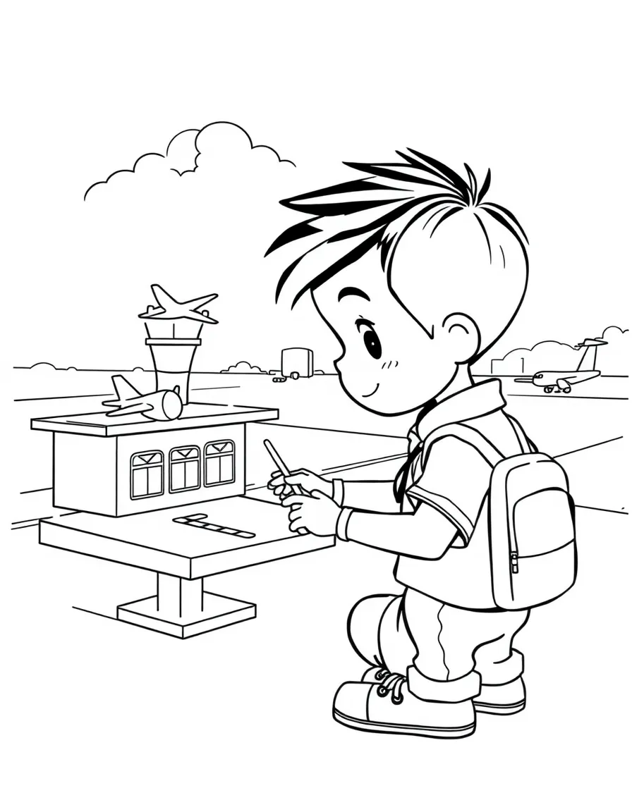 A boy playing with a toy airport, directing toy planes.