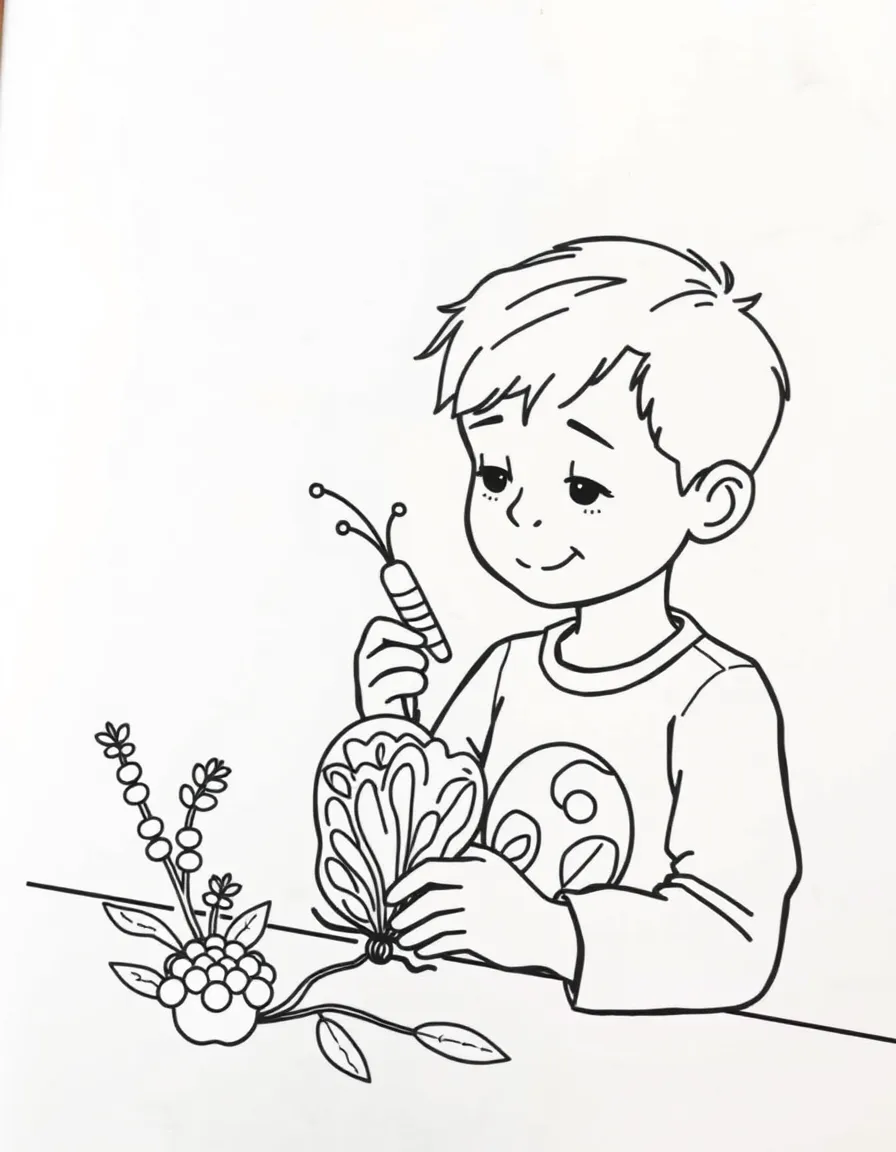 A boy making a "butterfly life cycle" craft.