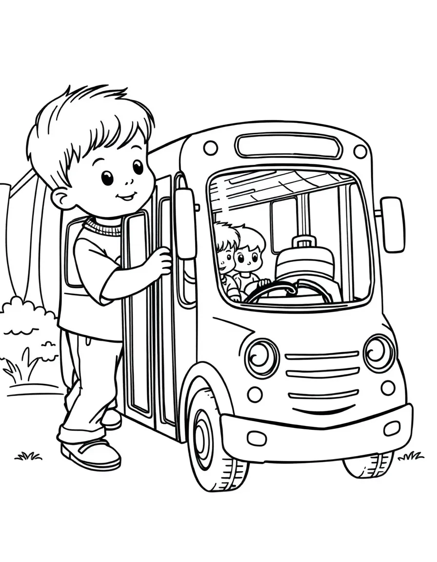 A boy playing with a toy bus, picking up toy passengers.