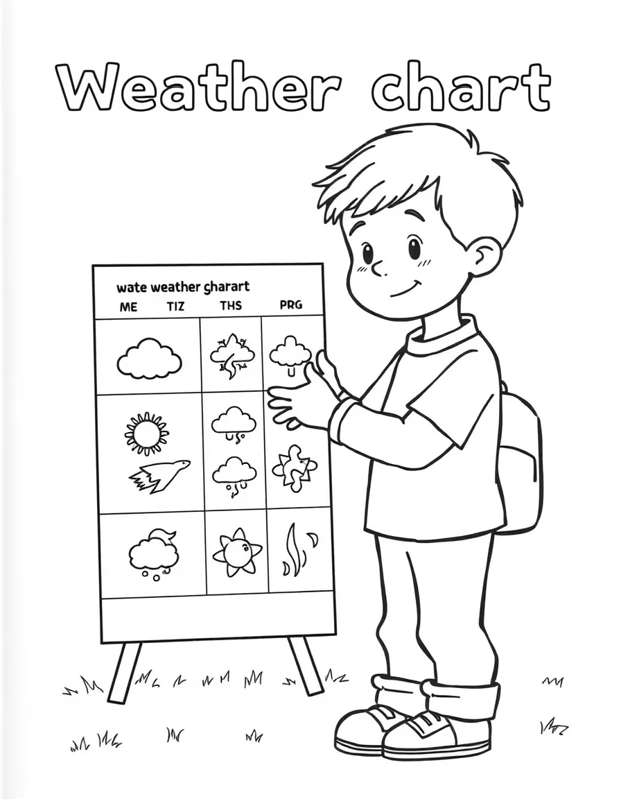 A boy making a "weather chart" with different weather symbols.