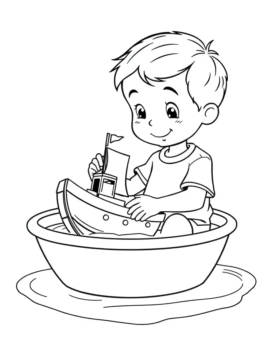 A boy playing with a toy boat, sailing it in a tub of water.