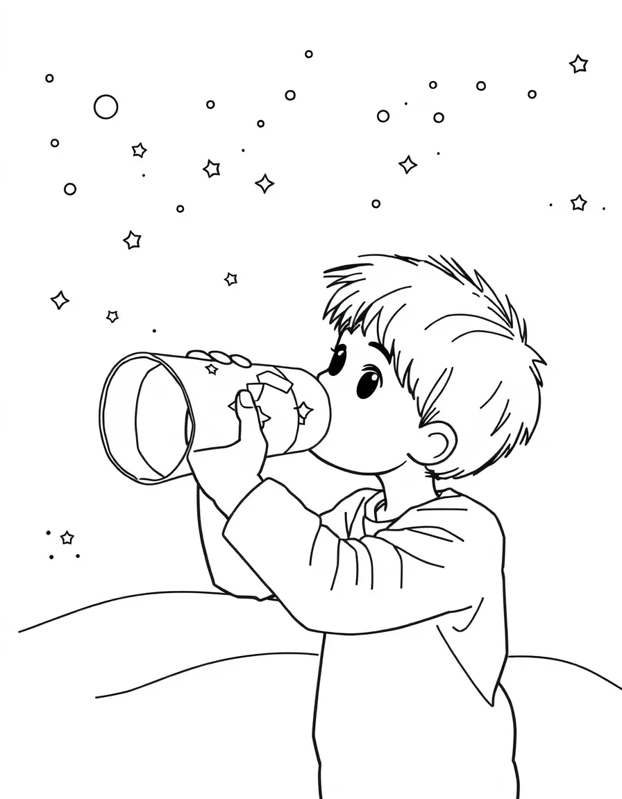 A boy making a "constellation viewer" with a paper tube.