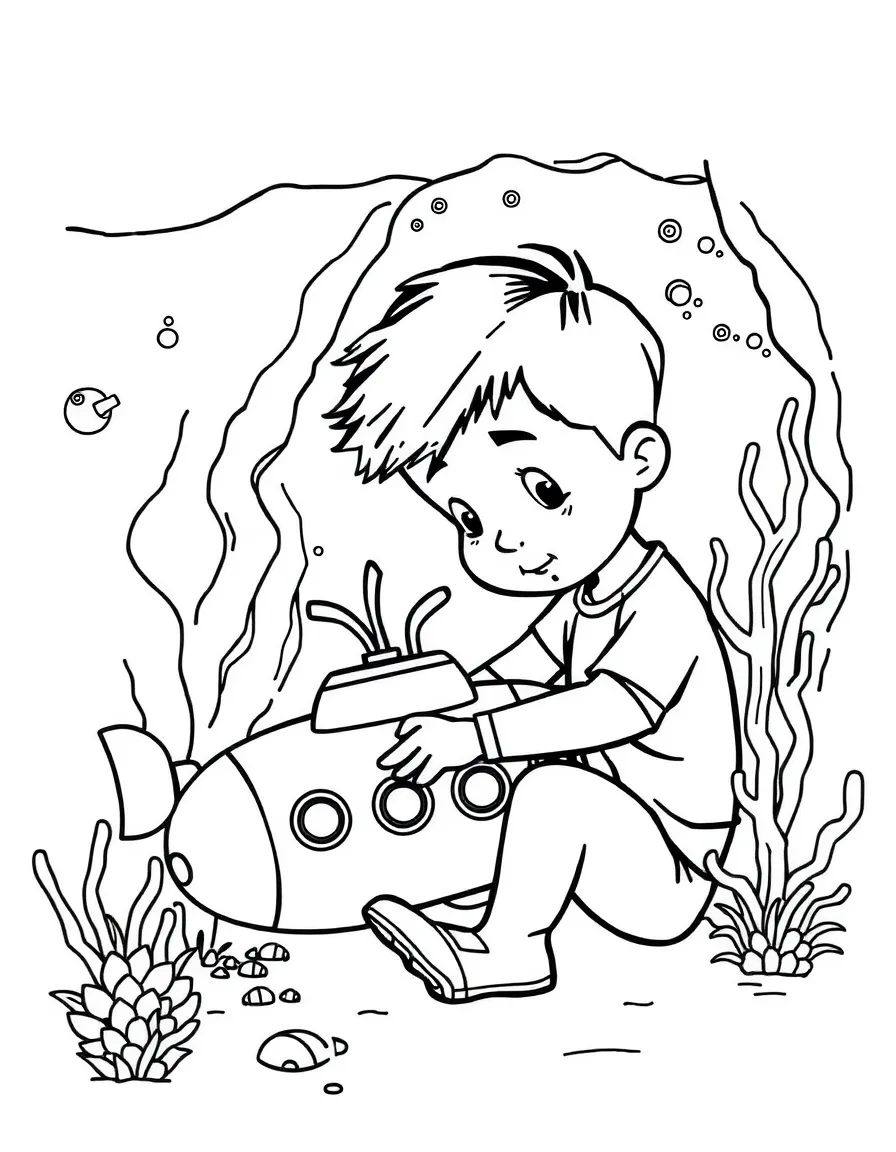 A boy playing with a toy submarine, exploring imaginary depths.