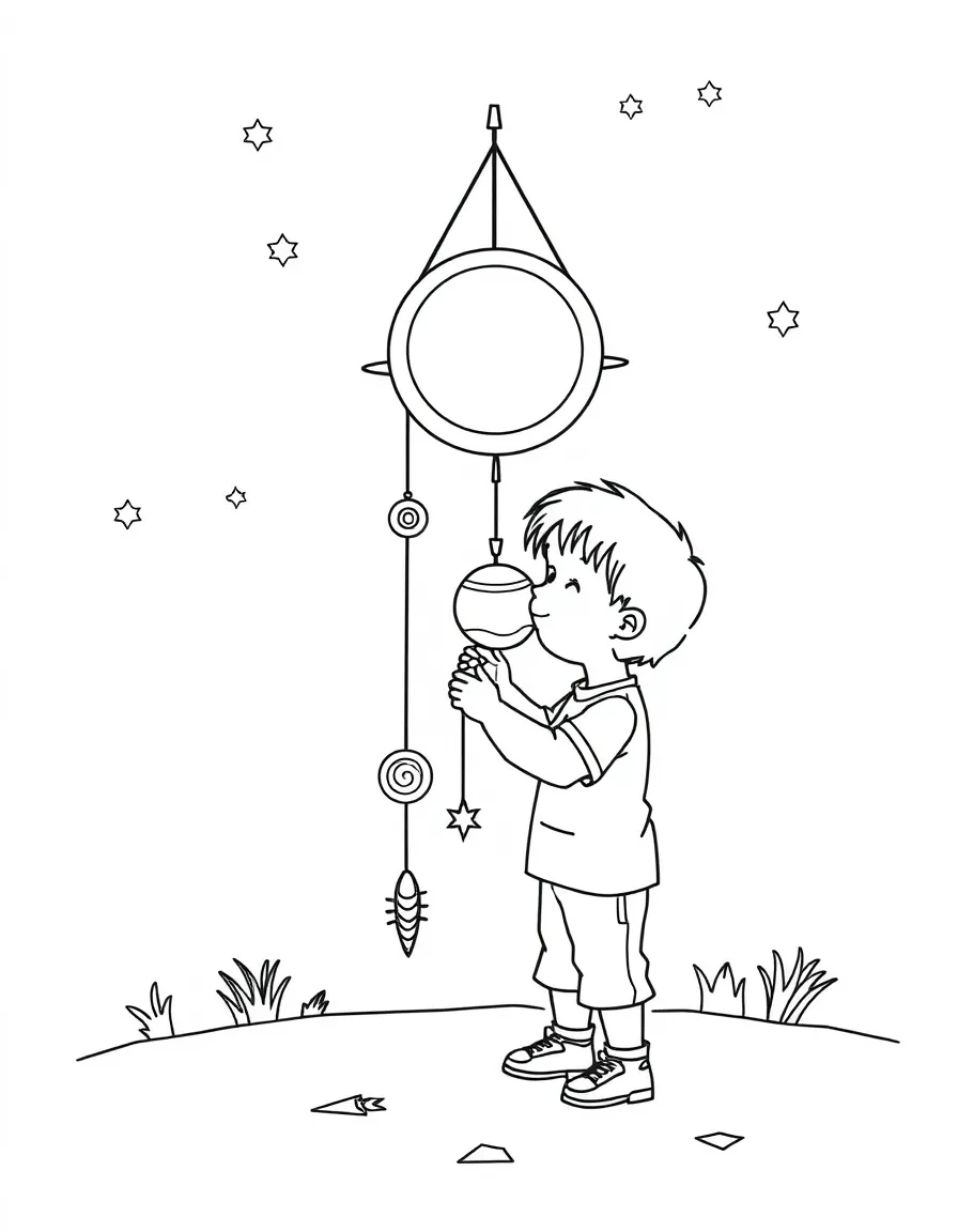 A boy making a "solar system" mobile.