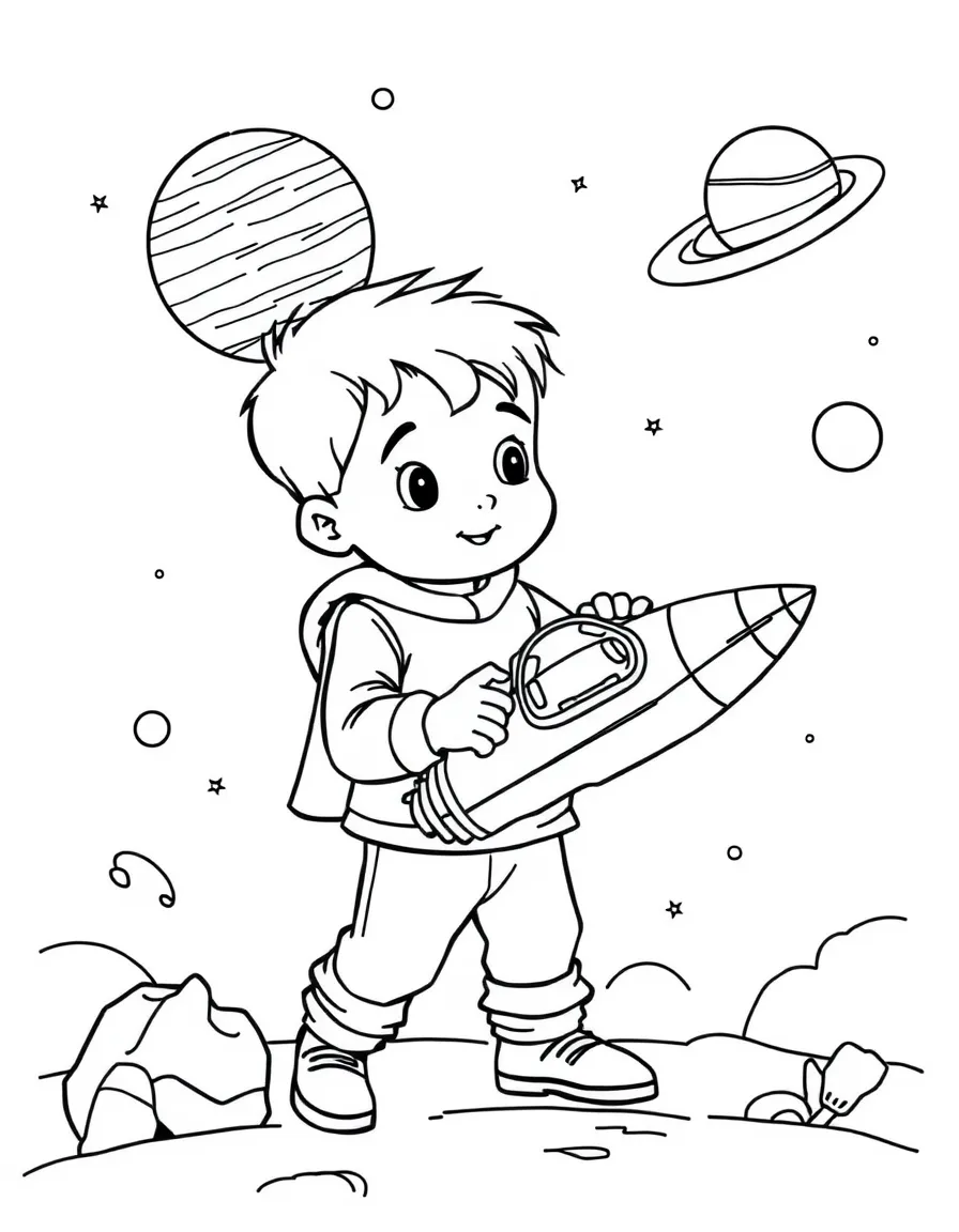 A boy playing with a toy spaceship, flying to imaginary planets.