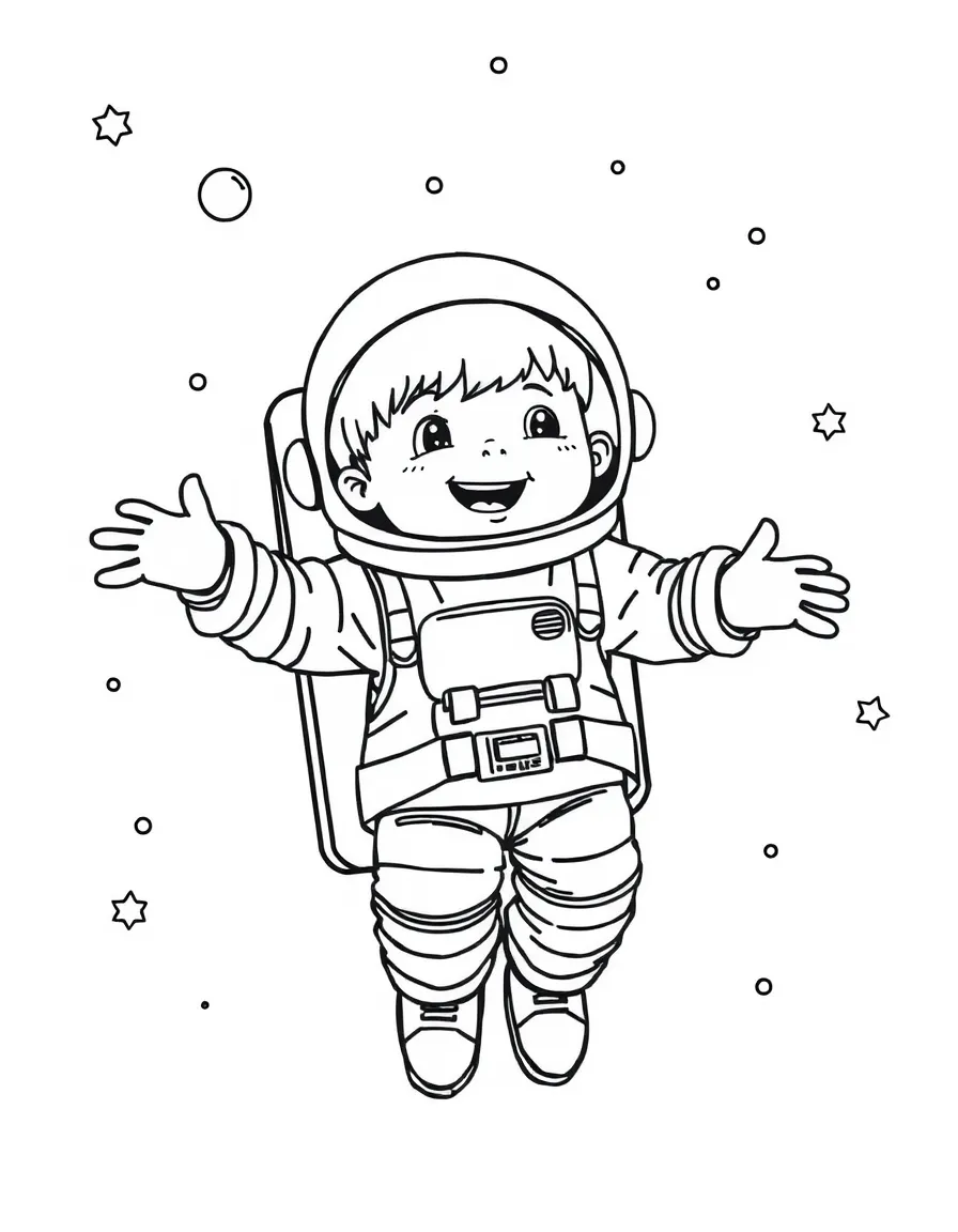 A boy pretending to be an astronaut, floating in outer space.