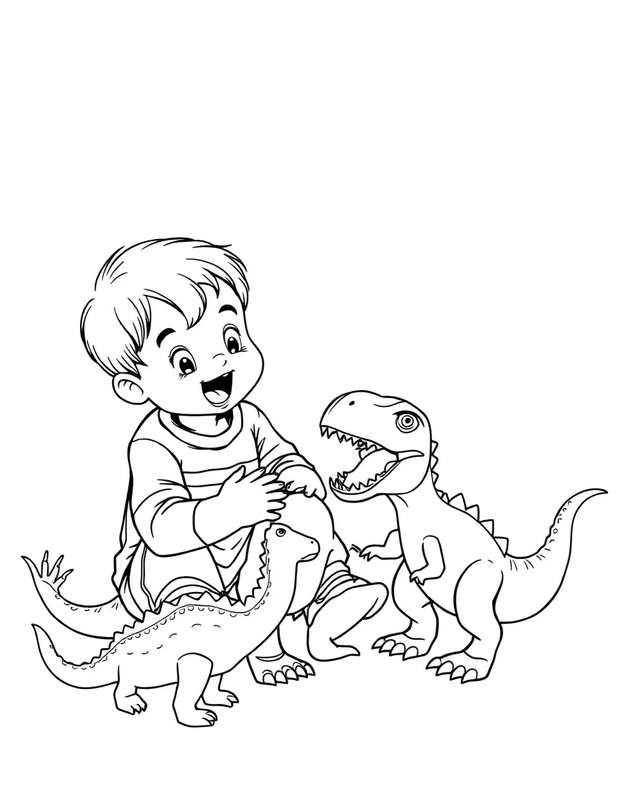 A boy playing with toy dinosaurs, making roaring sounds.