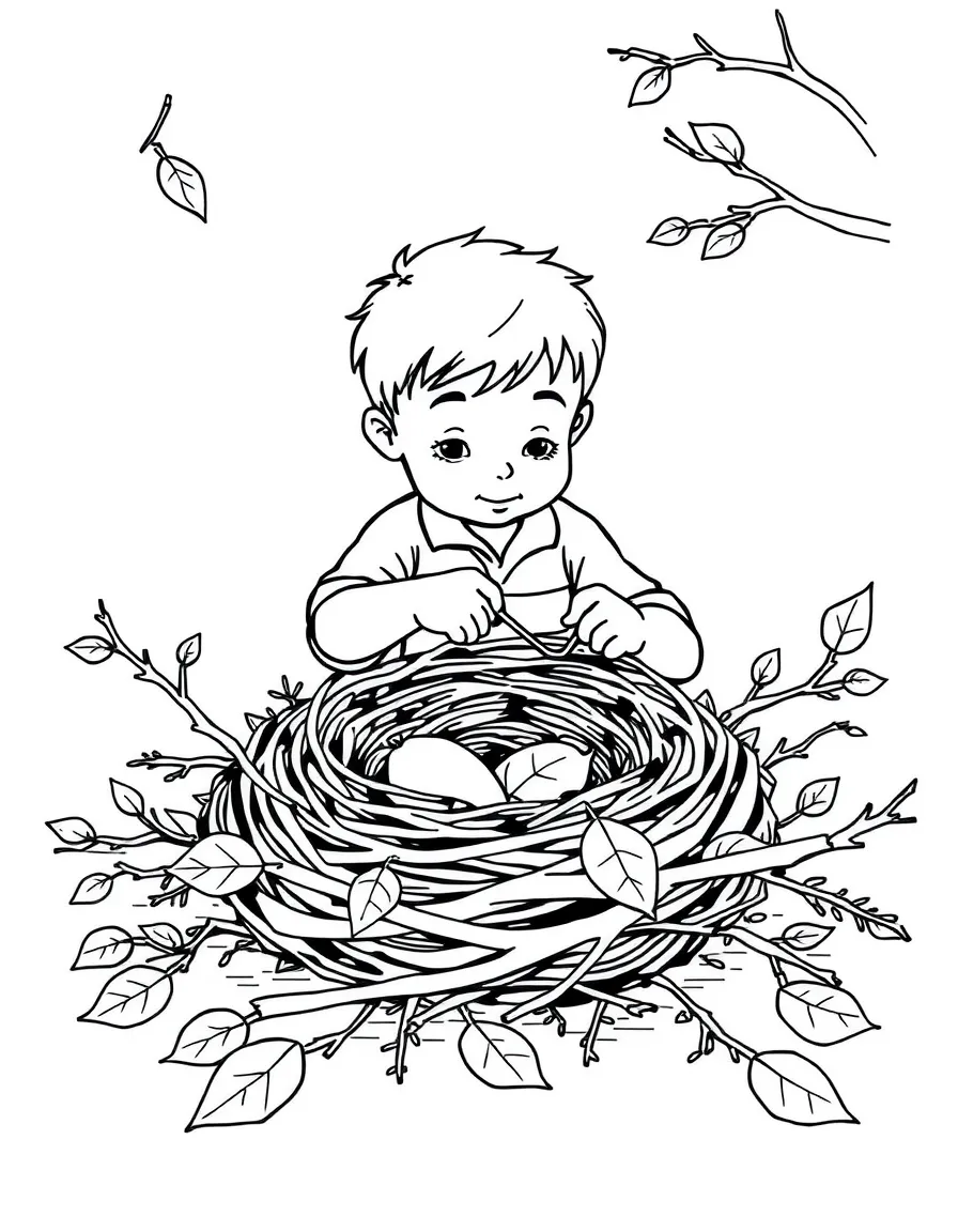 A boy making a "bird nest" out of twigs and leaves.