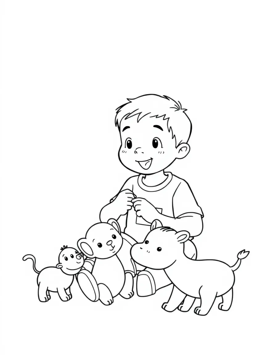 A boy playing with toy animals, making animal sounds.