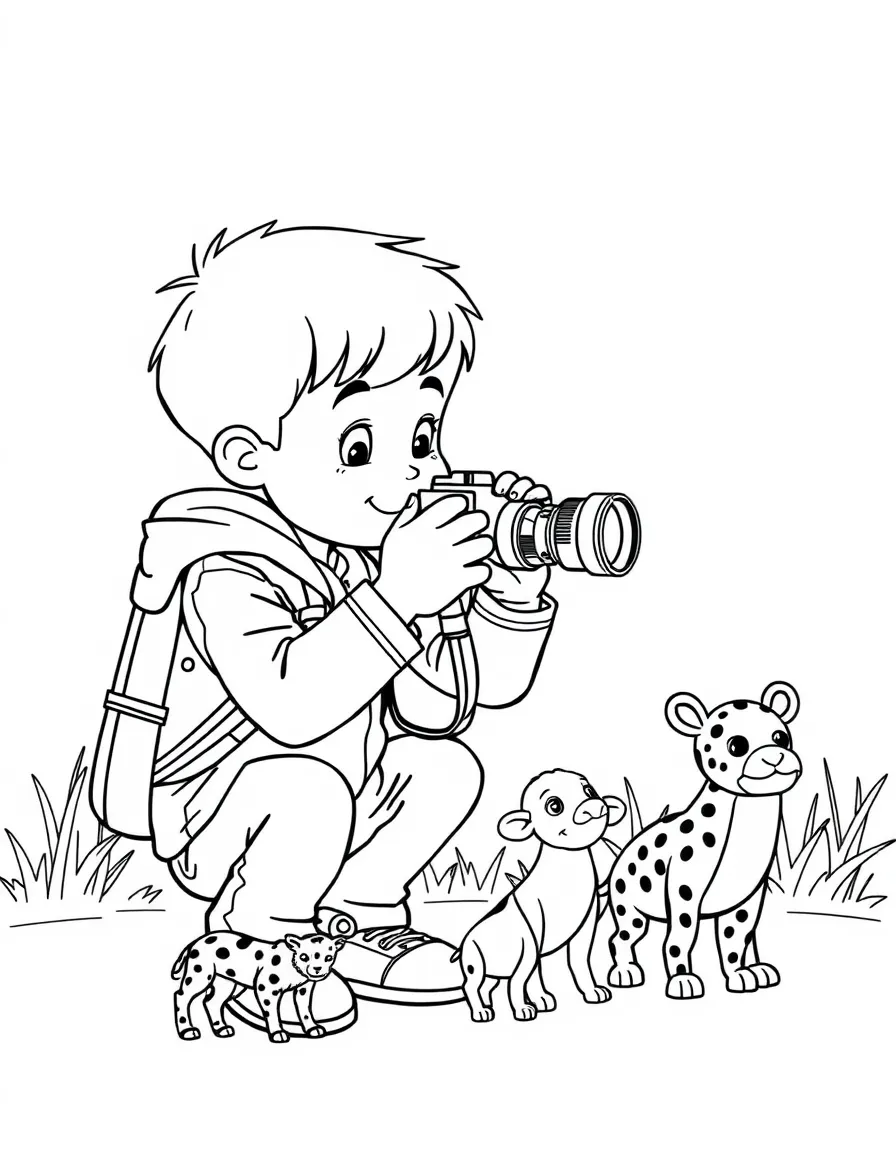 A boy pretending to be a wildlife photographer, taking pictures of toy animals.
