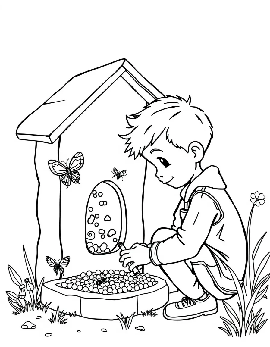 A boy making a "bug hotel" for insects.