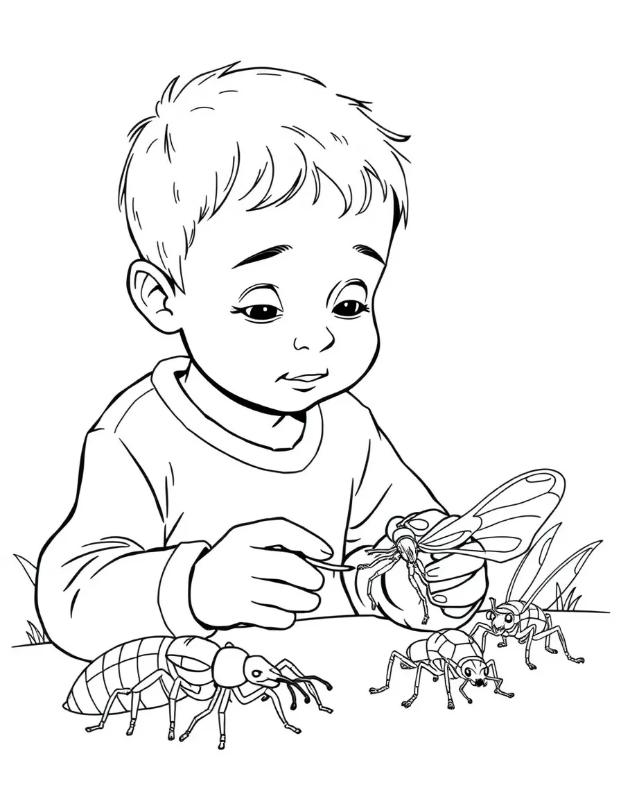 A boy playing with toy insects, observing their features.