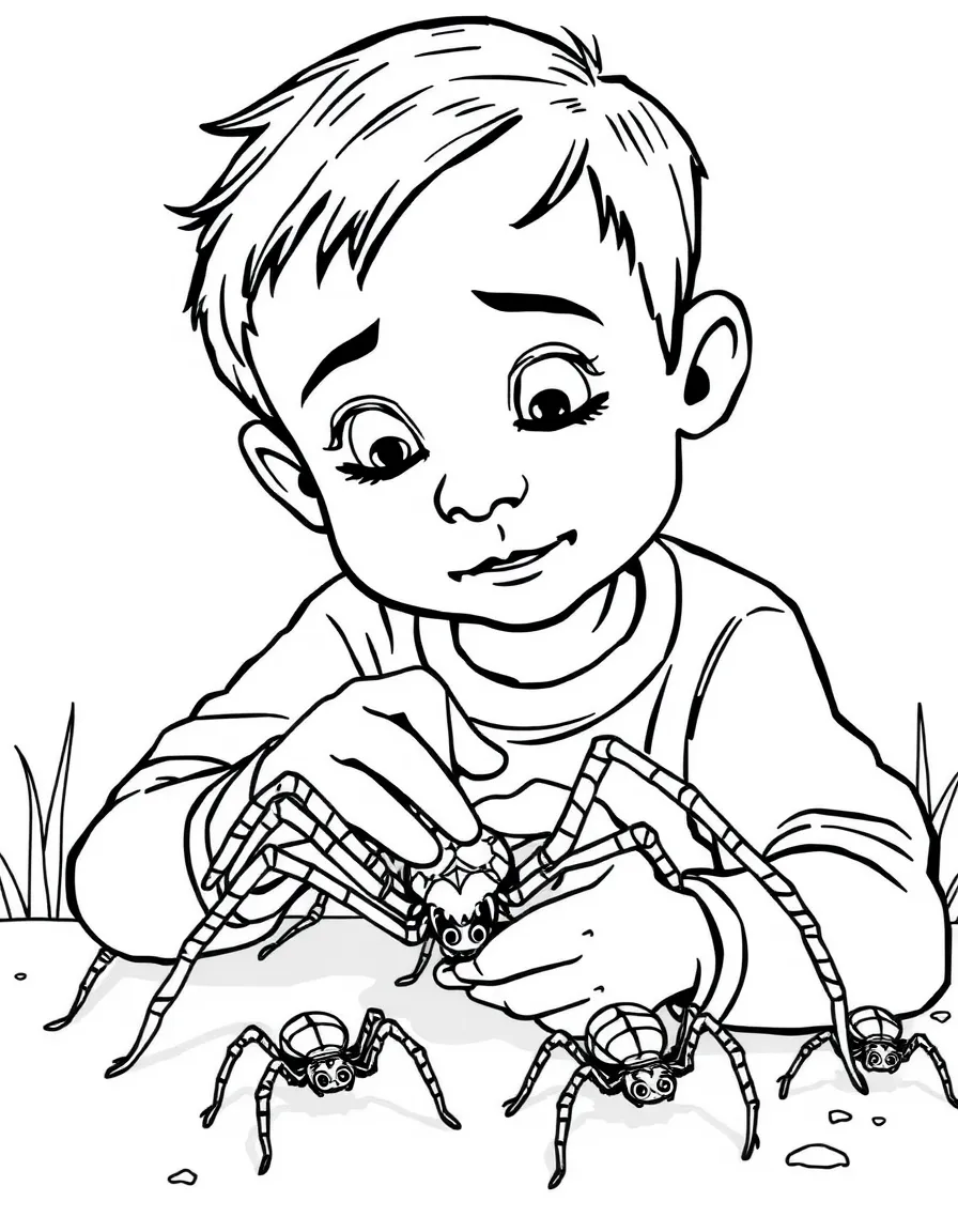 A boy playing with toy spiders, making them crawl.
