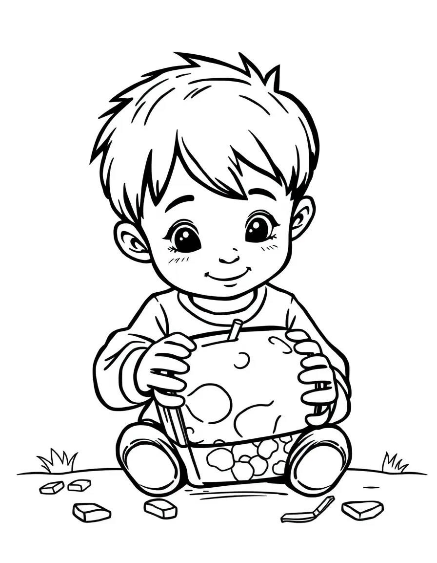 A boy making a "piggy bank" out of a recycled container.